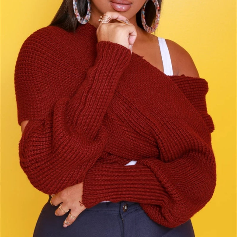 Solide Farbe Schulterfreier Strickpullover für Damen – Saffira