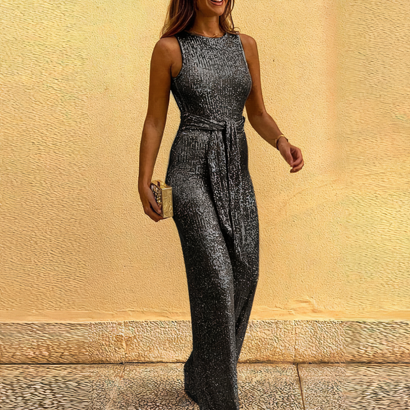 Glitzernder  Party Jumpsuit mit Taillengürtel für elegante Anlässe – Sabine